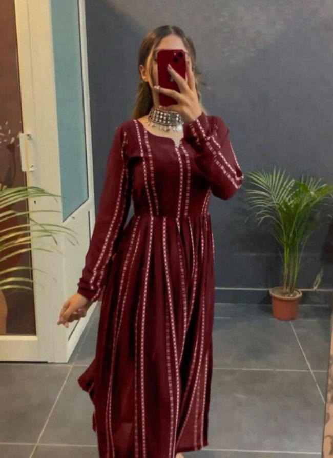 Cotton Maroon Festival Wear Printed Readymade Nayra Cut Kurti